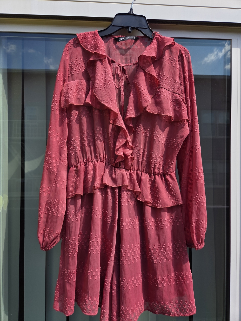 Zara Womens Dusty Rose Ruffle Long-Sleeve Dress